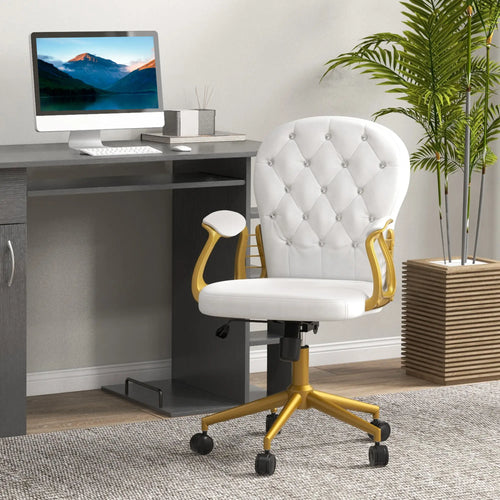 Velvet Office Chair, Button Tufted, Swivel Wheels, Adjustable Height, Cream White