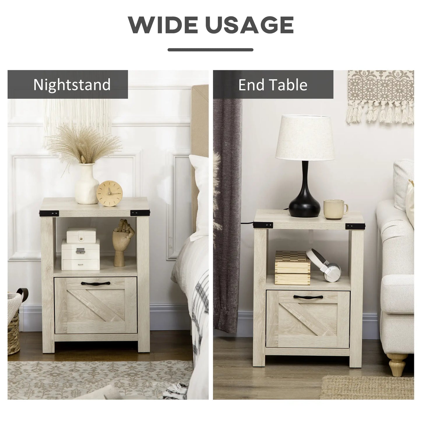 Farmhouse Side Table with Drawer, Open Shelf, Oak, 24.8x17.7x23.6 Side Tables at Gallery Canada