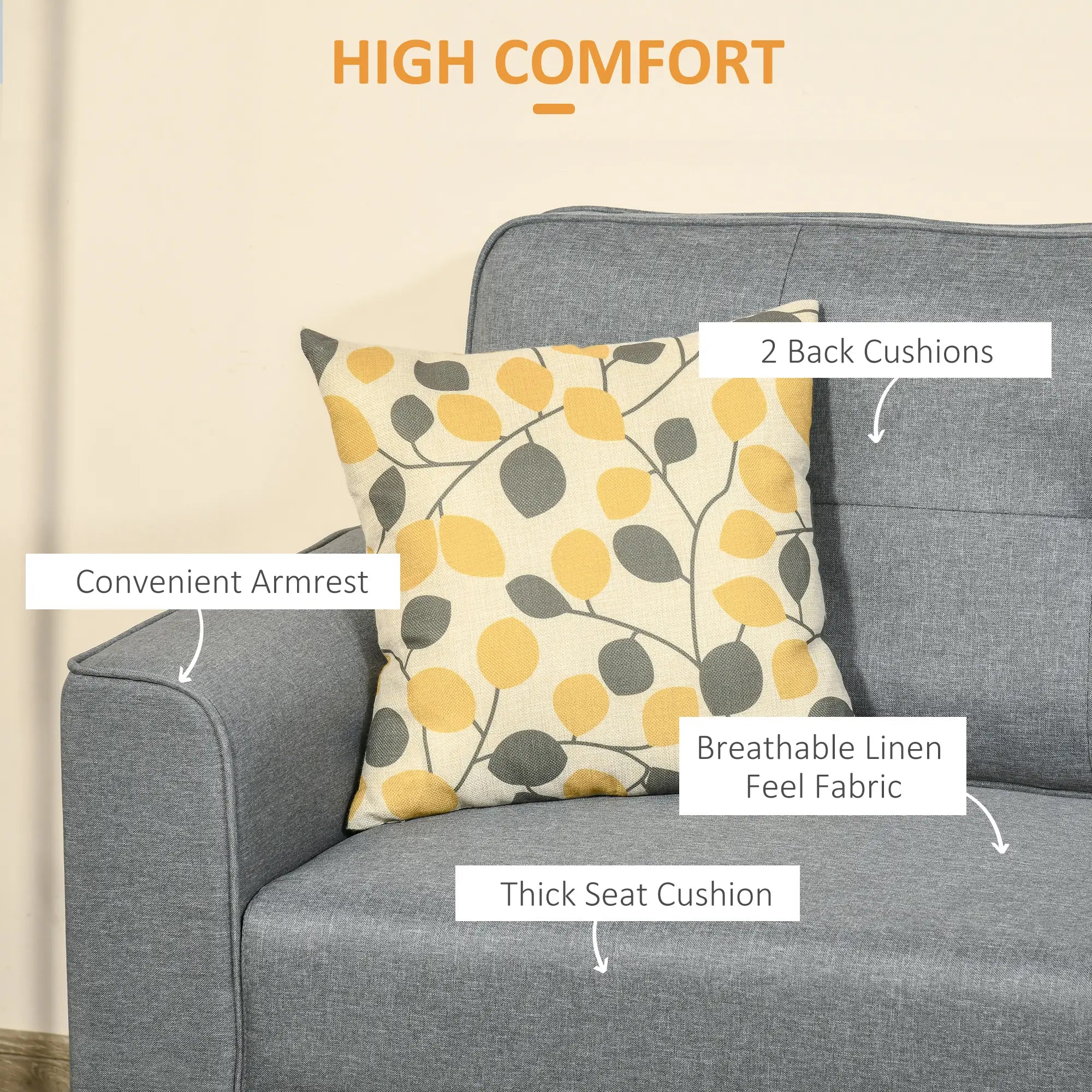 3-Seater Sofa, Mid-Century Linen Couch, Upholstered Seat, Gray 3-Seater Sofas at Gallery Canada
