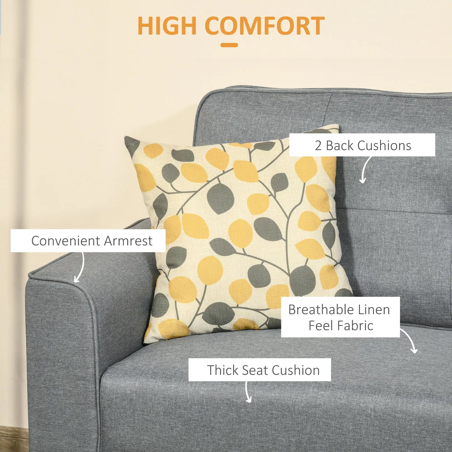 3-Seater Sofa, Mid-Century Linen Couch, Upholstered Seat, Gray 3-Seater Sofas at Gallery Canada