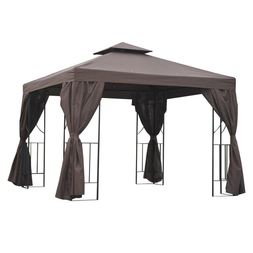 10' x 10' Outdoor Gazebo, Canopy Shelter with Double-Tier Roof, Brown