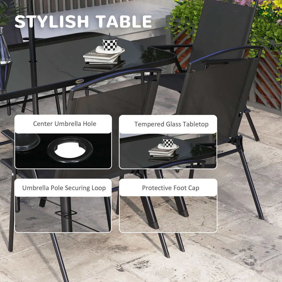 Ensemble de patio de 8 pièces, 6 chaises pliantes, table rectangulaire, salle à manger extérieure, noir
