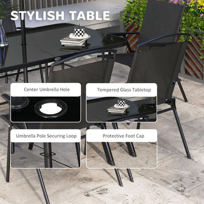 Ensemble de patio de 8 pièces, 6 chaises pliantes, table rectangulaire, salle à manger extérieure, noir