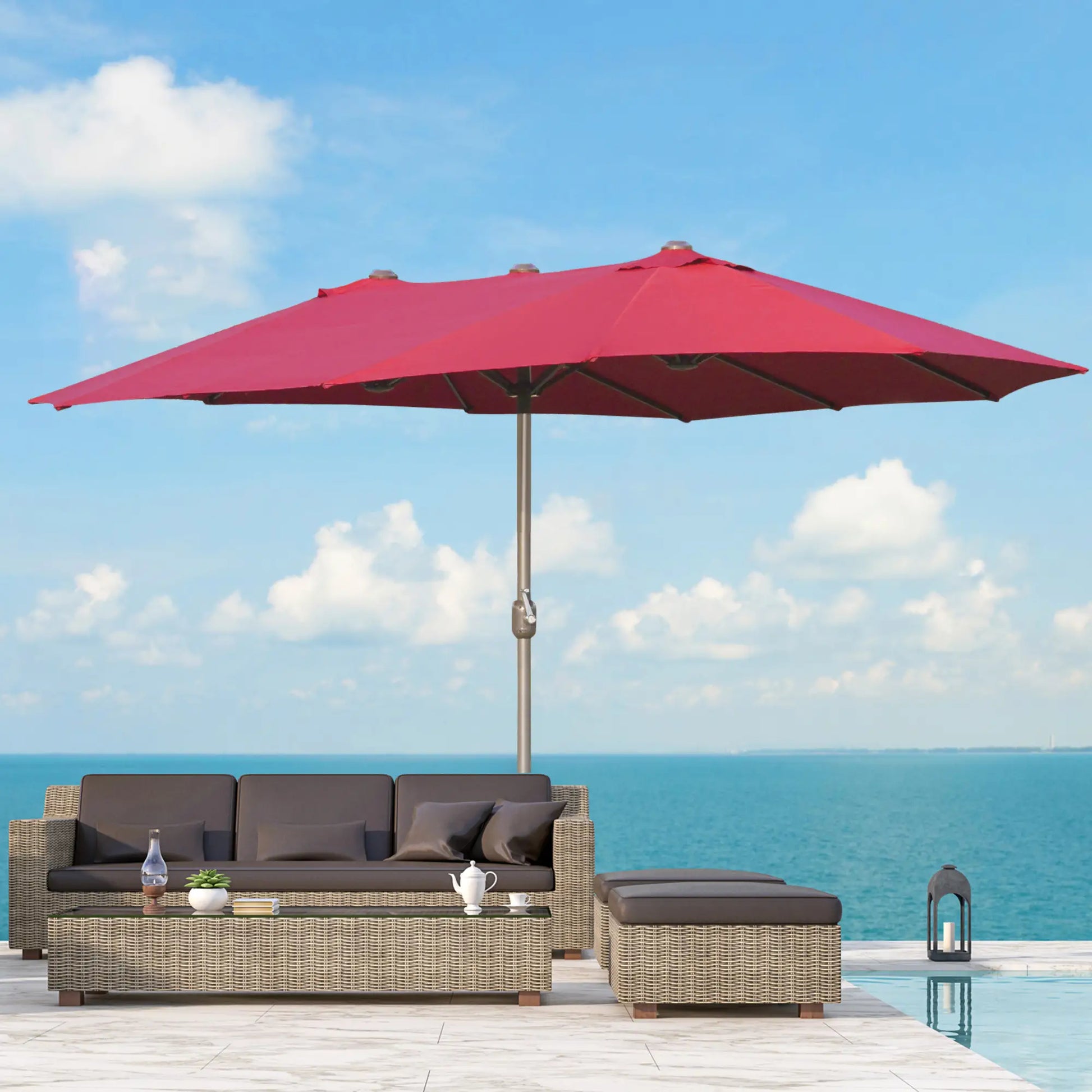 15' Outdoor Patio Umbrella, Twin Canopy Sunshade, Lift Crank, Wine Red Sun Umbrellas at Gallery Canada