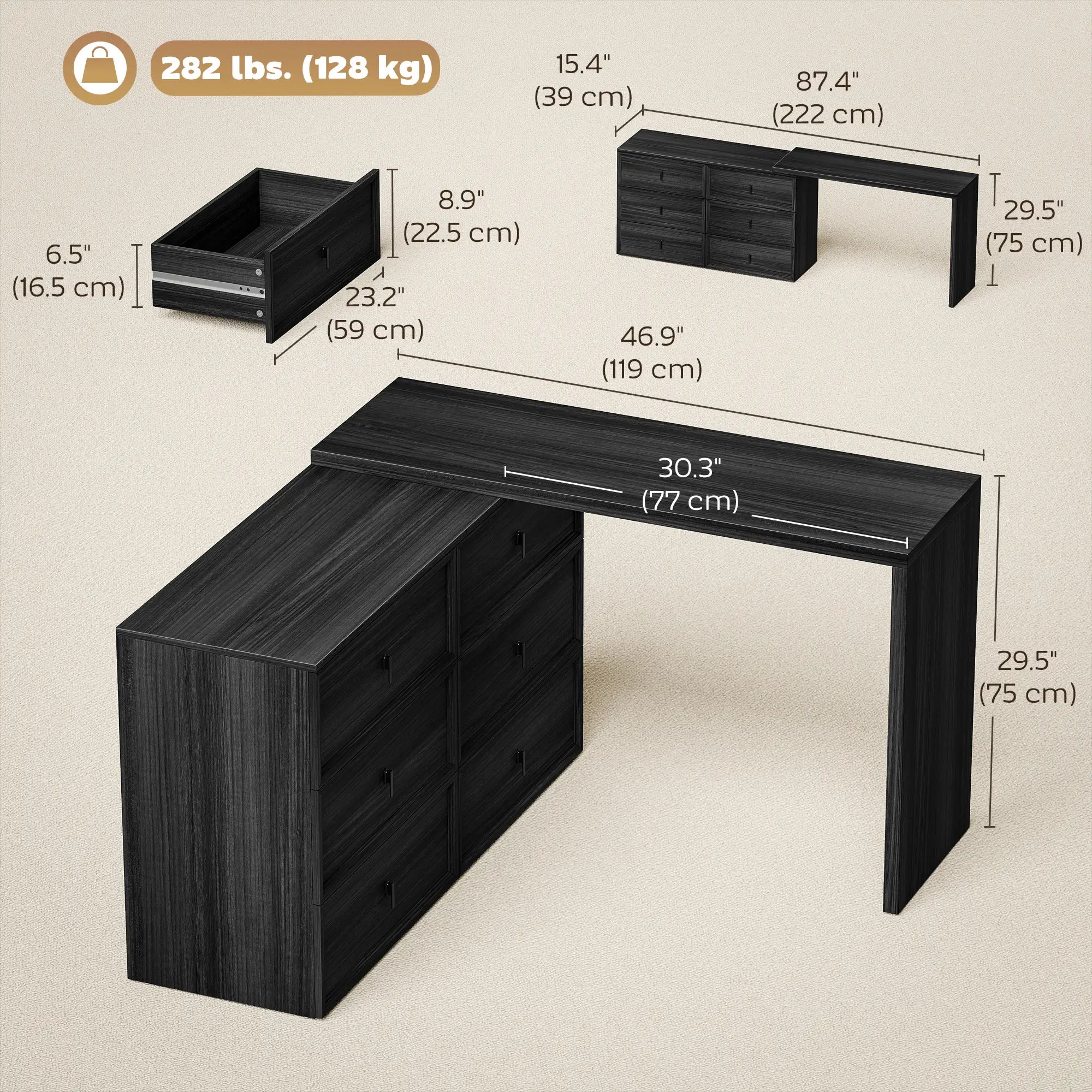 L Shaped Computer Desk, 6 Drawers, Wood Grain, Black Computer Desks at Gallery Canada