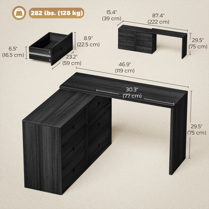 L Shaped Computer Desk, 6 Drawers, Wood Grain, Black Computer Desks at Gallery Canada