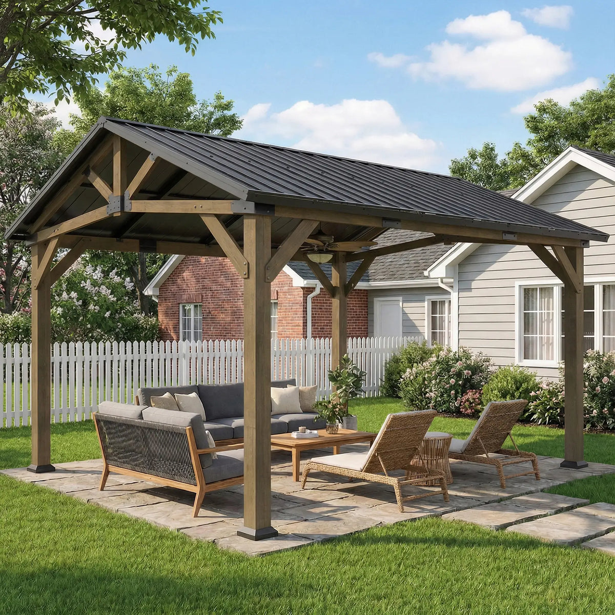 13' x 11' Hardtop Gazebo, Galvanised Metal Roof, Fir Wood Frame, Black Grey