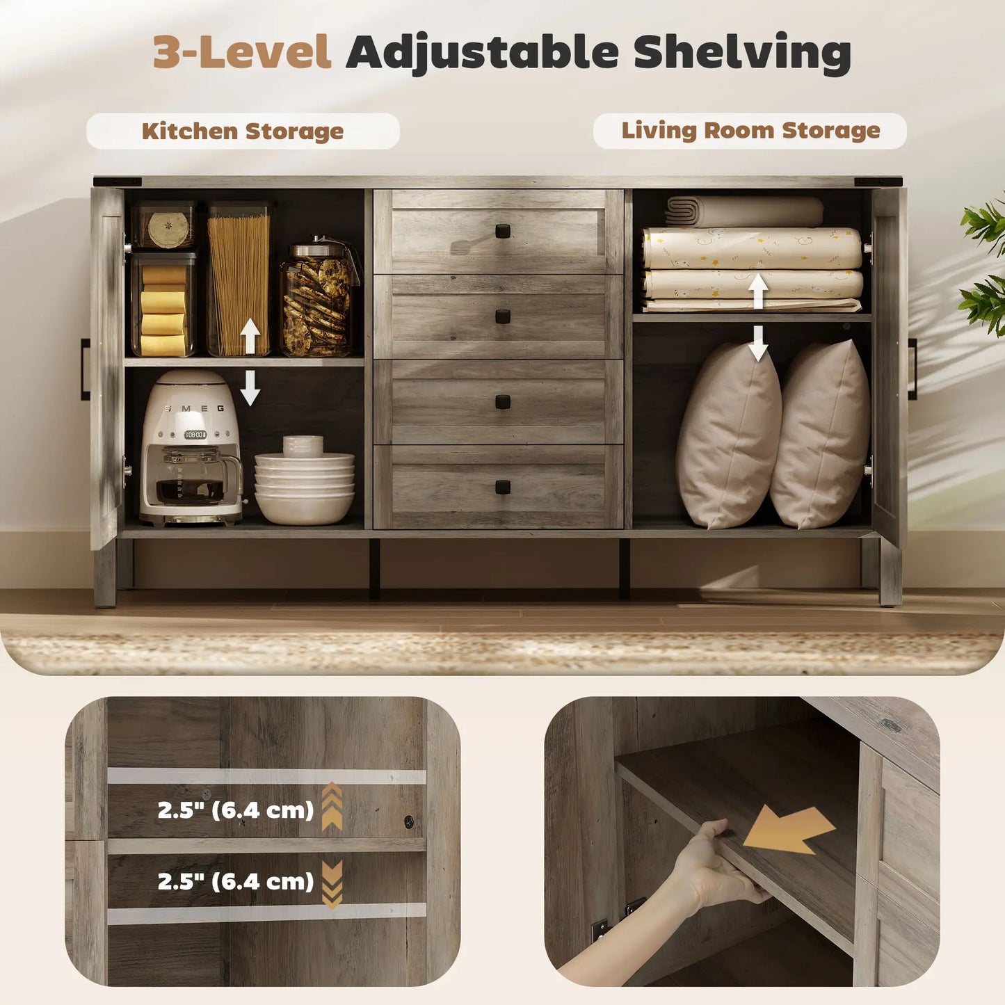 59" Buffet Cabinet, Farmhouse Sideboard, 2 Barn Doors, 4 Drawers, Grey Storage Cabinets at Gallery Canada