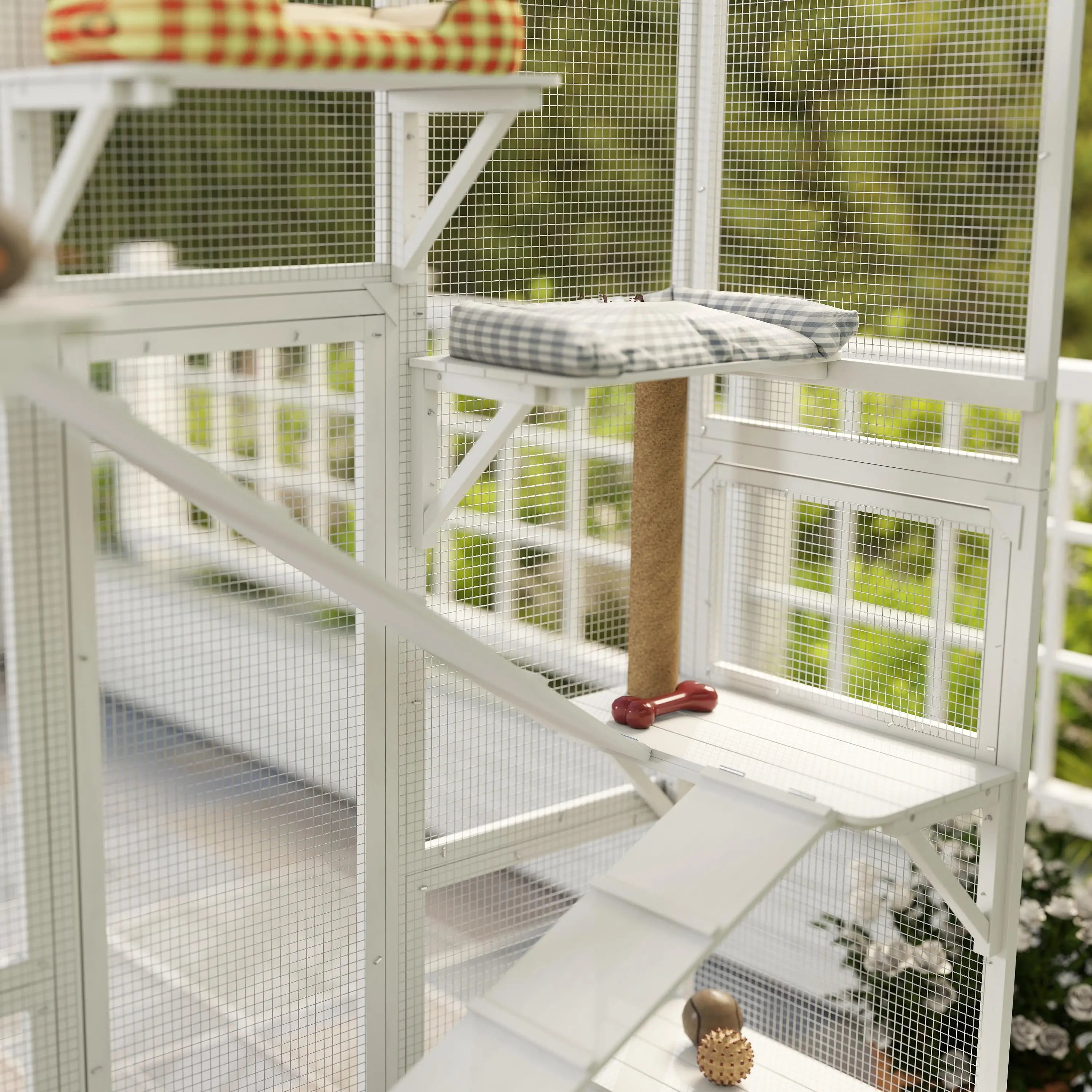 Wooden Catio Outdoor Cat Enclosure, 6 Platforms, Scratching Post, 2 Ramps, Waterproof Roof, White Outdoor Cat Enclosures at Gallery Canada