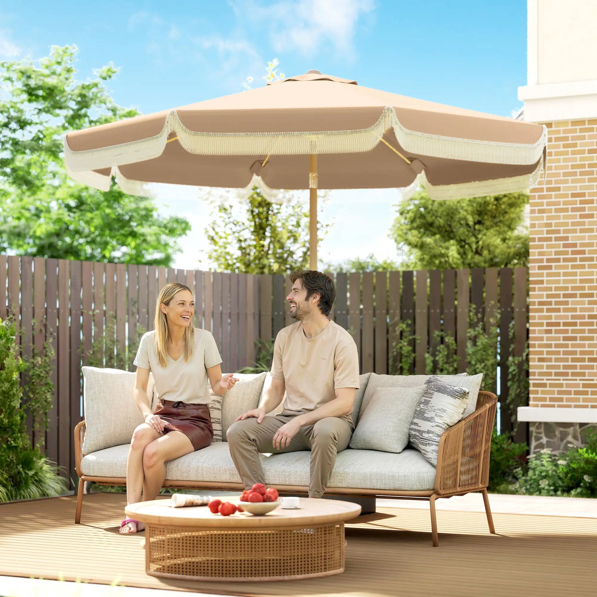 9 ft Patio Umbrella, Push Button Tilt Crank, Fringed Outdoor Market Table, Khaki Sun Umbrellas at Gallery Canada