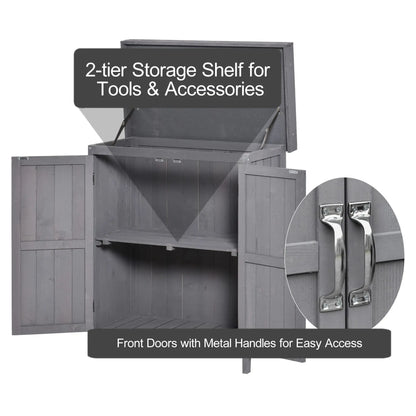 Wooden Garden Tool Shed, Hinged Roof, 2-Tier Shelves, Double Doors, 74x43x88cm, Dark Grey Sheds at Gallery Canada