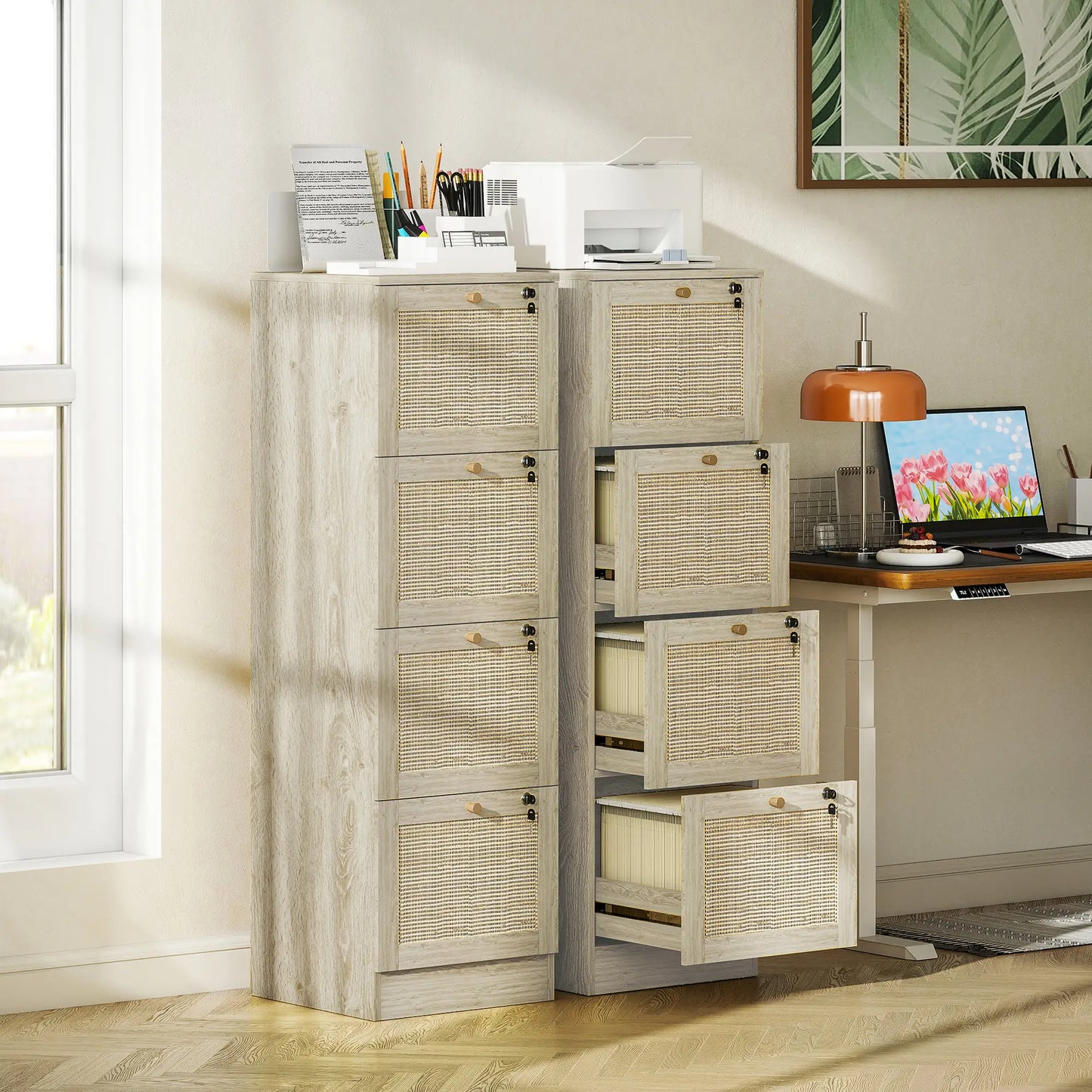 4 Drawer Filing Cabinet with Lock, Boho File Cabinet, A4 Letter Size, Oak Office Cabinets & Cupboards at Gallery Canada