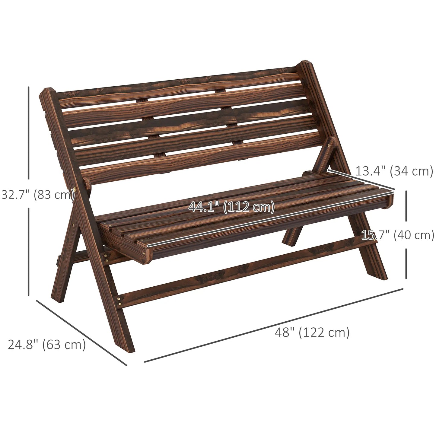 2-Seater Wooden Outdoor Bench, Foldable, Slatted Backrest, Carbonised Finish Outdoor Benches at Gallery Canada