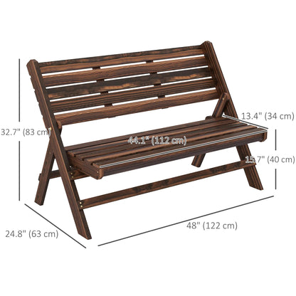2-Seater Wooden Outdoor Bench, Foldable, Slatted Backrest, Carbonised Finish Outdoor Benches at Gallery Canada