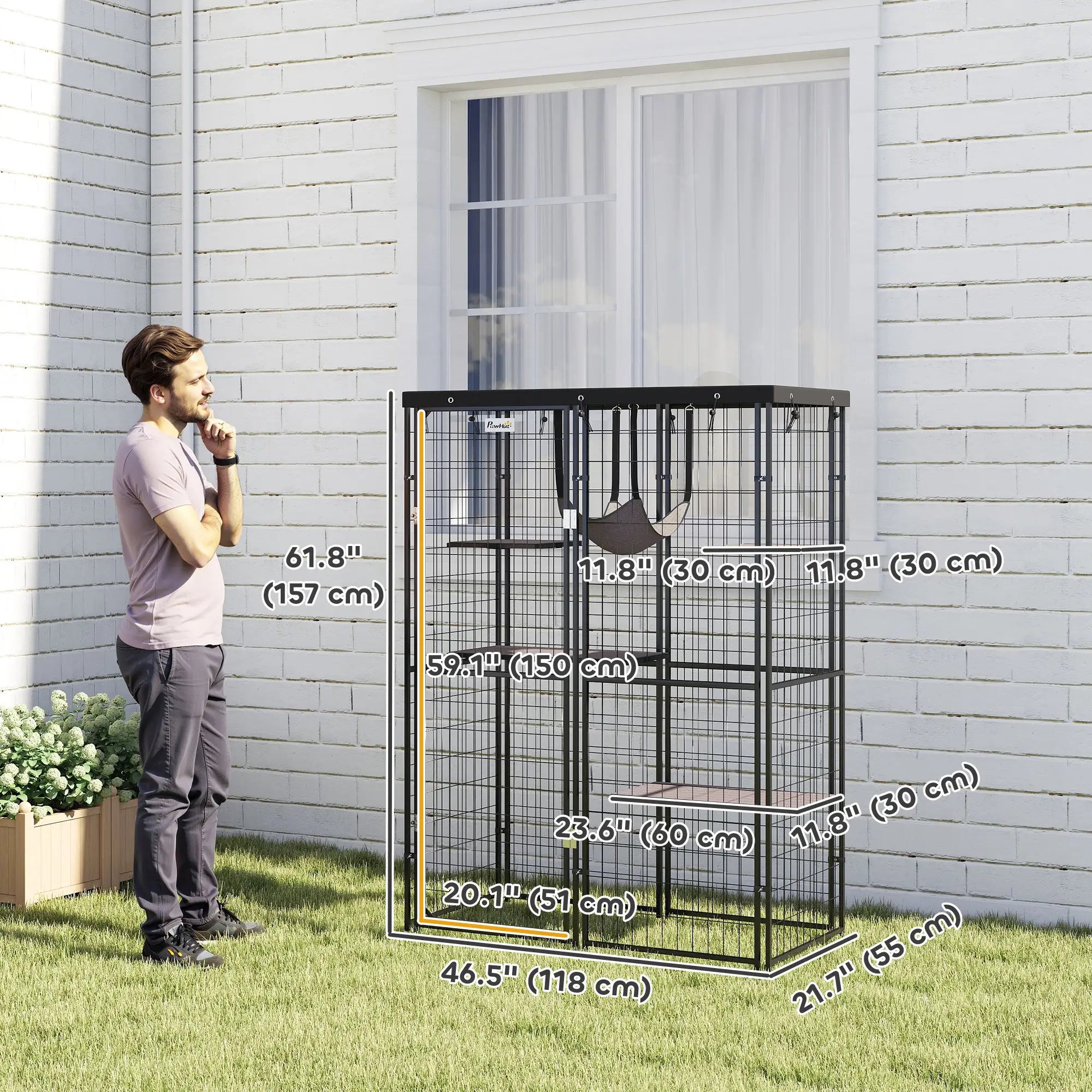 Metal Cat Cage, Waterproof Cover, 4 Platforms, Hammock, 46.5