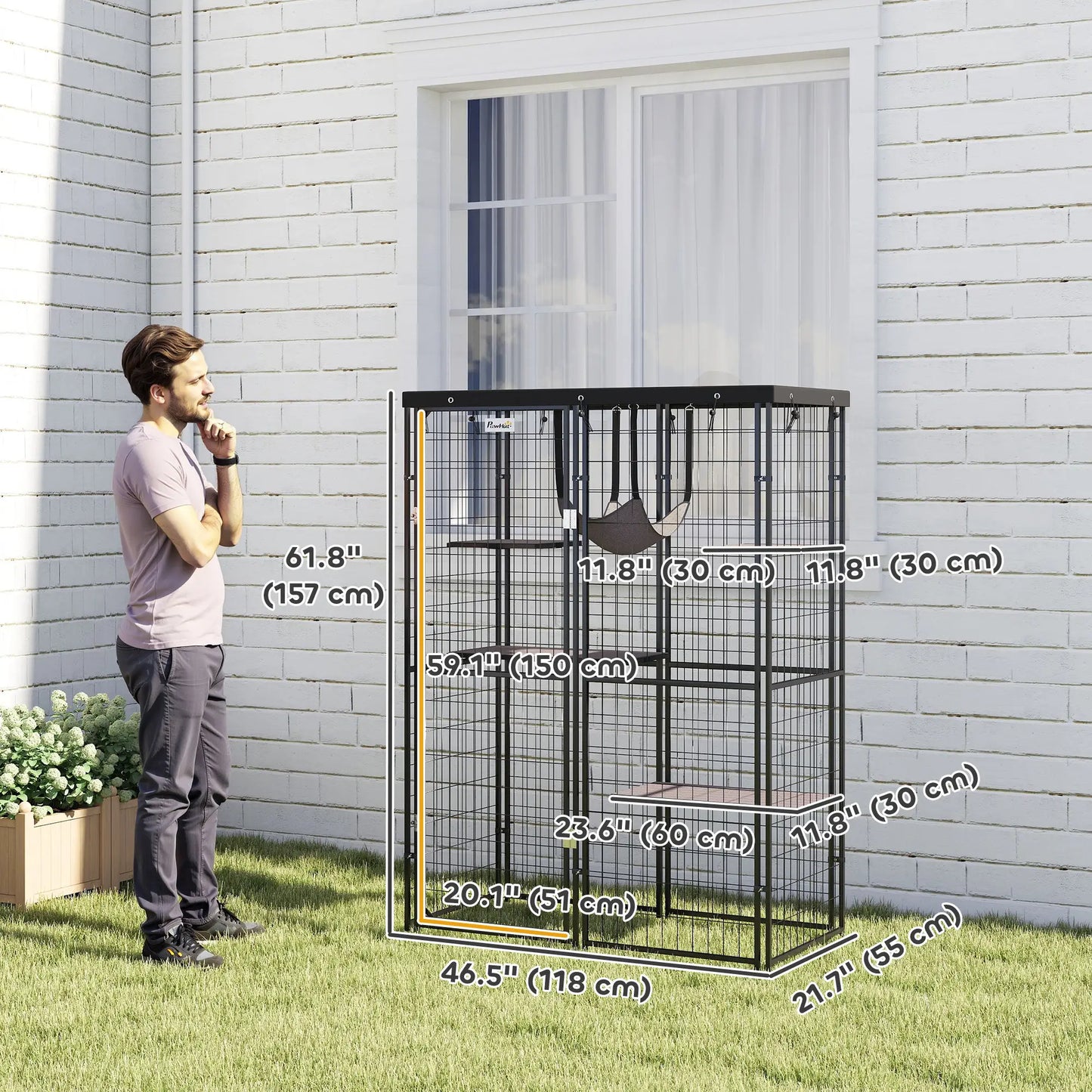 Metal Cat Cage, Waterproof Cover, 4 Platforms, Hammock, 46.5" x 22" x 62", Black Outdoor Cat Enclosures at Gallery Canada
