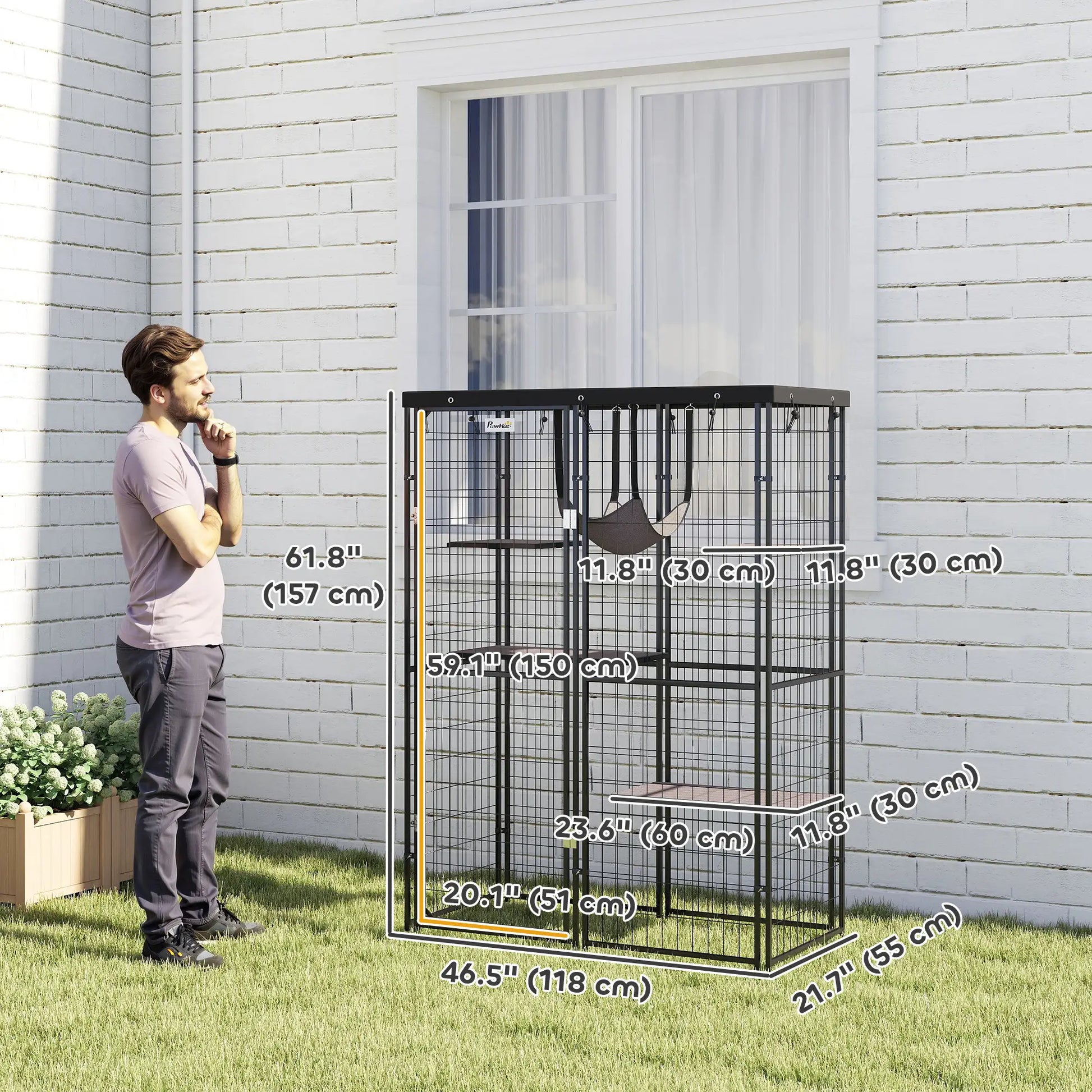 Metal Cat Cage, Waterproof Cover, 4 Platforms, Hammock, 46.5" x 22" x 62", Black Outdoor Cat Enclosures at Gallery Canada