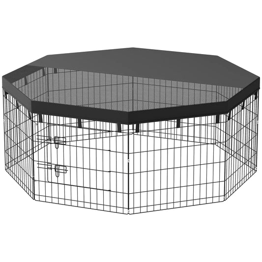 8 Panels Foldable Dog Playpen With Top Cover, 24" High Dog PlayPens Black at Gallery Canada