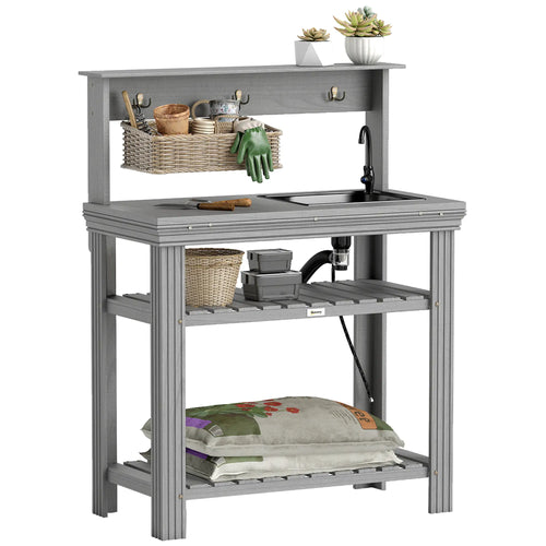 Outdoor Potting Bench With Faucet, Removable Sink, Hooks, Storage Shelves, Grey