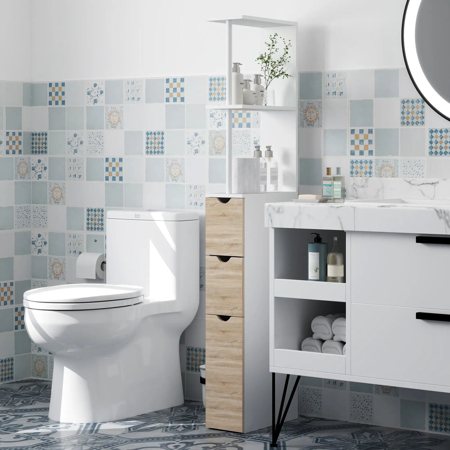 Tall Bathroom Storage Cabinet, Narrow Bathroom Cabinet with Drawers and Open Shelves for Small Spaces, Natural Wood Freestanding Bathroom Cabinets at Gallery Canada