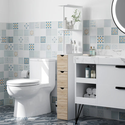 Tall Bathroom Storage Cabinet, Narrow Bathroom Cabinet with Drawers and Open Shelves for Small Spaces, Natural Wood Freestanding Bathroom Cabinets at Gallery Canada