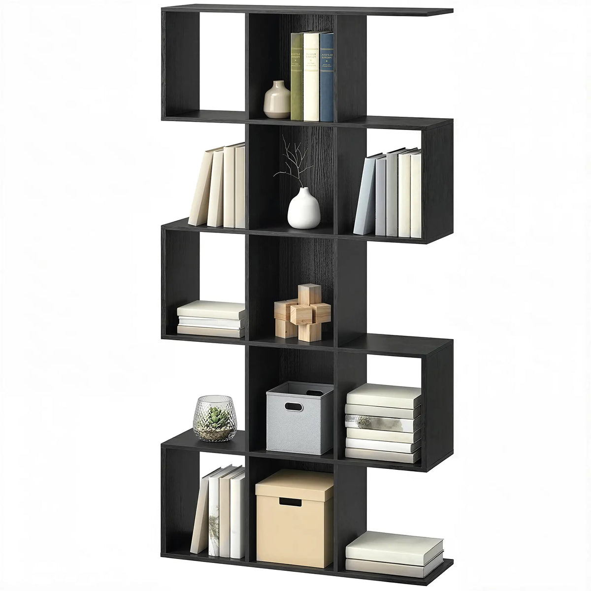 5-Tier S-Shaped Bookshelf, 15 Compartment Geometric Bookcase, Black Wood Grain, Black Display Bookshelves Black Wood Grain at Gallery Canada