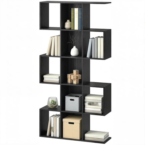 5-Tier S-Shaped Bookshelf, 15 Compartment Geometric Bookcase, Black Wood Grain, Black