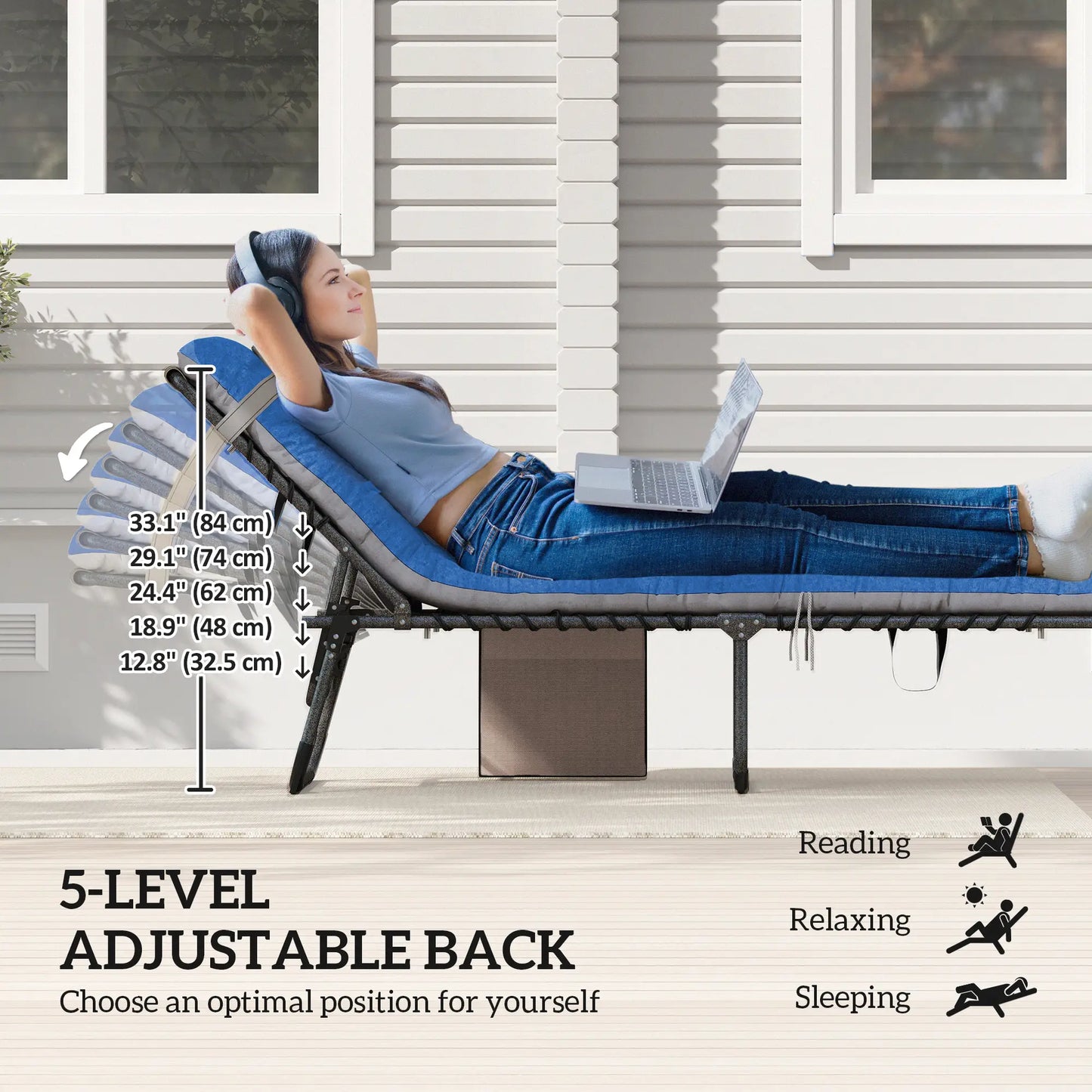 Folding Chaise Lounge Chair Set Of 2, With Cushion And Side Pocket, Brown/Blue Lounger Chairs at Gallery Canada