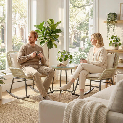 3 Piece Rocking Bistro Set with Cushions, Glass Table, Cream White, Cream White Bistro Sets at Gallery Canada