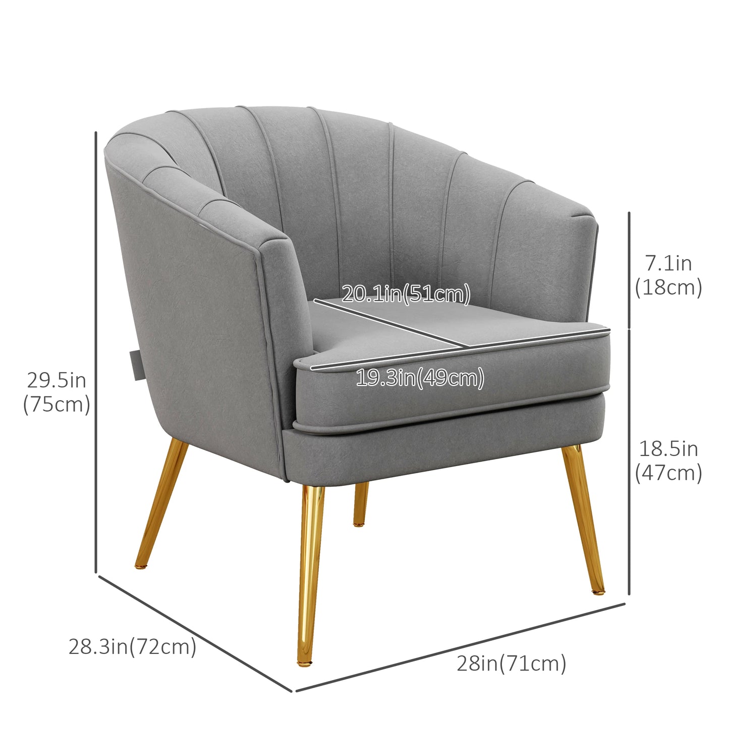 Modern Fabric Armchair, Gold Metal Legs, Living Room, Bedroom, Grey Accent Chairs at Gallery Canada