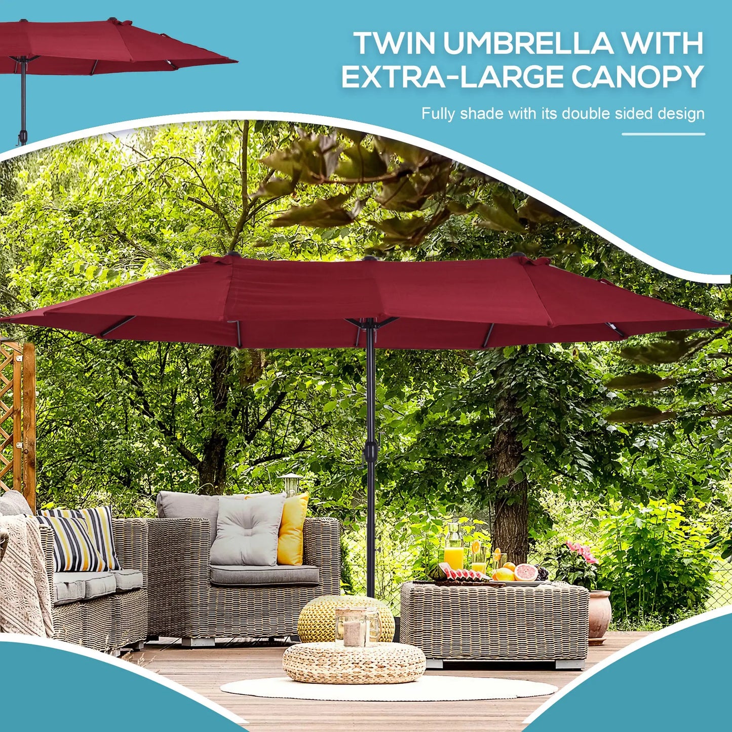 15ft Double-Sided Patio Umbrella, Twin Canopy, Wine Red, Red Sun Umbrellas at Gallery Canada