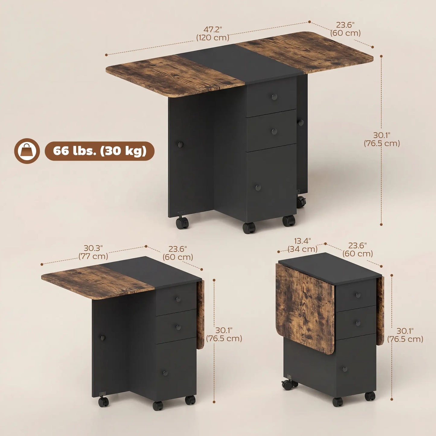 Drop Leaf Dining Table On Wheels With Drawers, Rustic Brown And Black, Brown, Black Dining Tables at Gallery Canada