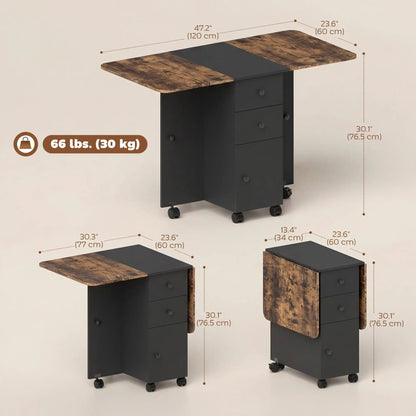 Drop Leaf Dining Table On Wheels With Drawers, Rustic Brown And Black, Brown, Black Dining Tables at Gallery Canada