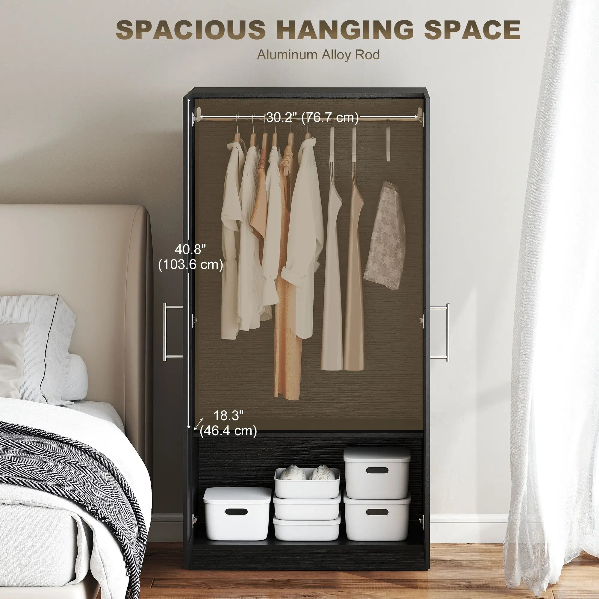Modern Armoire Wardrobe Cabinet, 2 Doors With Hanging Rod, Black Wood Effect, Black Clothing Storage at Gallery Canada