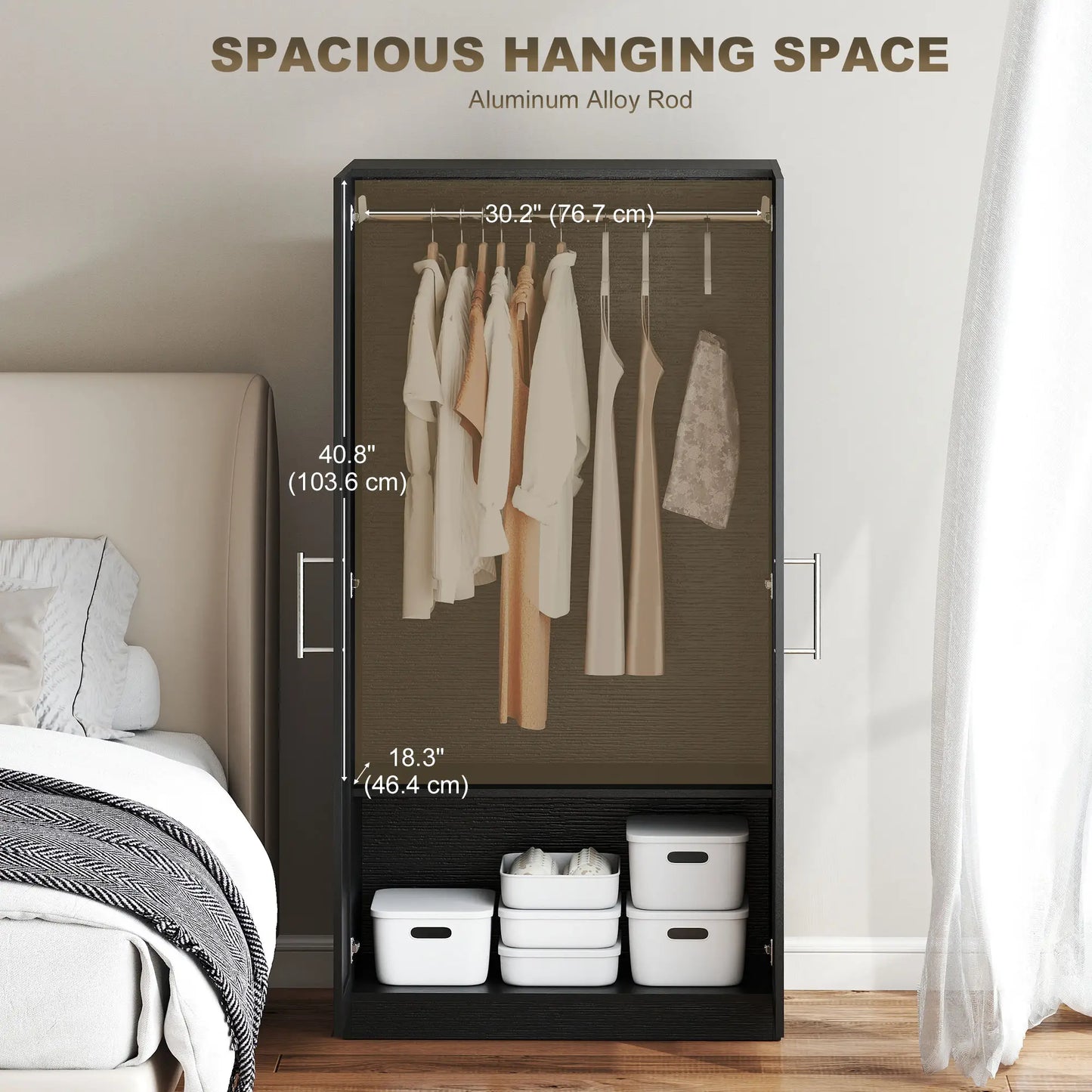Modern Armoire Wardrobe Cabinet, 2 Doors With Hanging Rod, Black Wood Effect, Black Clothing Storage at Gallery Canada