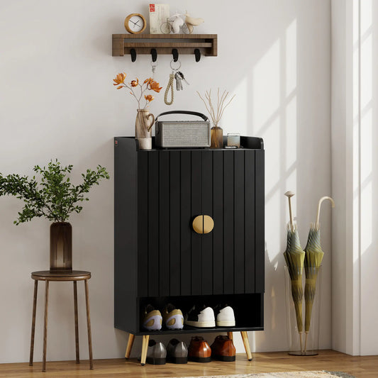 Narrow Shoe Storage Cabinet, Adjustable Shelves for 15 Pairs, Black Shoe Storage Cabinets & Racks Black, Gold at Gallery Canada