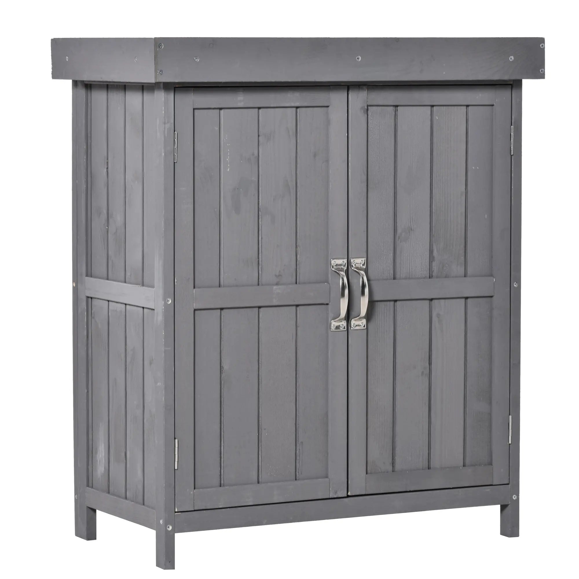Wooden Garden Tool Shed, Hinged Roof, 2-Tier Shelves, Double Doors, 74x43x88cm, Dark Grey Sheds at Gallery Canada