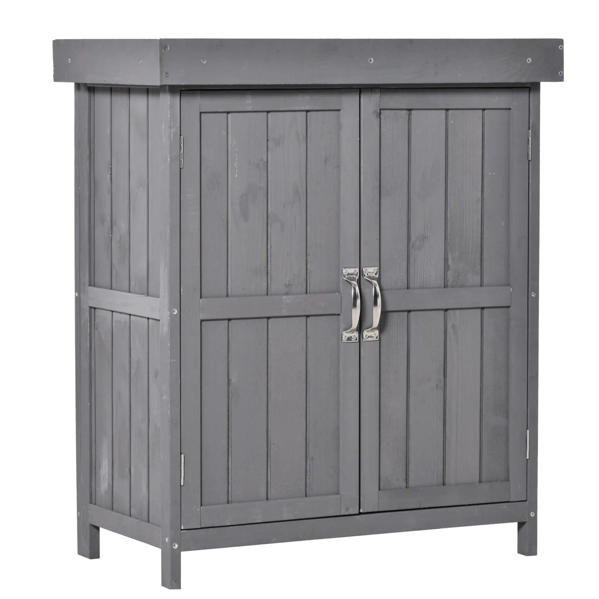 Wooden Garden Tool Shed, Hinged Roof, 2-Tier Shelves, Double Doors, 74x43x88cm, Dark Grey Sheds at Gallery Canada