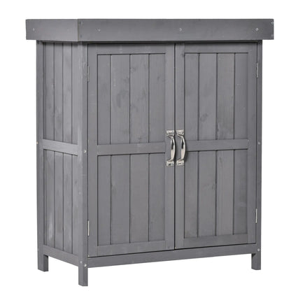 Wooden Garden Tool Shed, Hinged Roof, 2-Tier Shelves, Double Doors, 74x43x88cm, Dark Grey Sheds at Gallery Canada