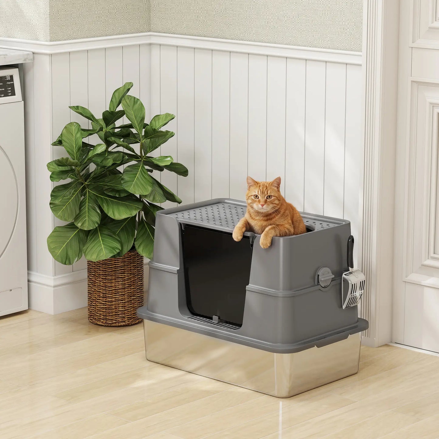 XL Stainless Litter Box With 100° Flip Top, Scoop, Dual Entry, Stainless