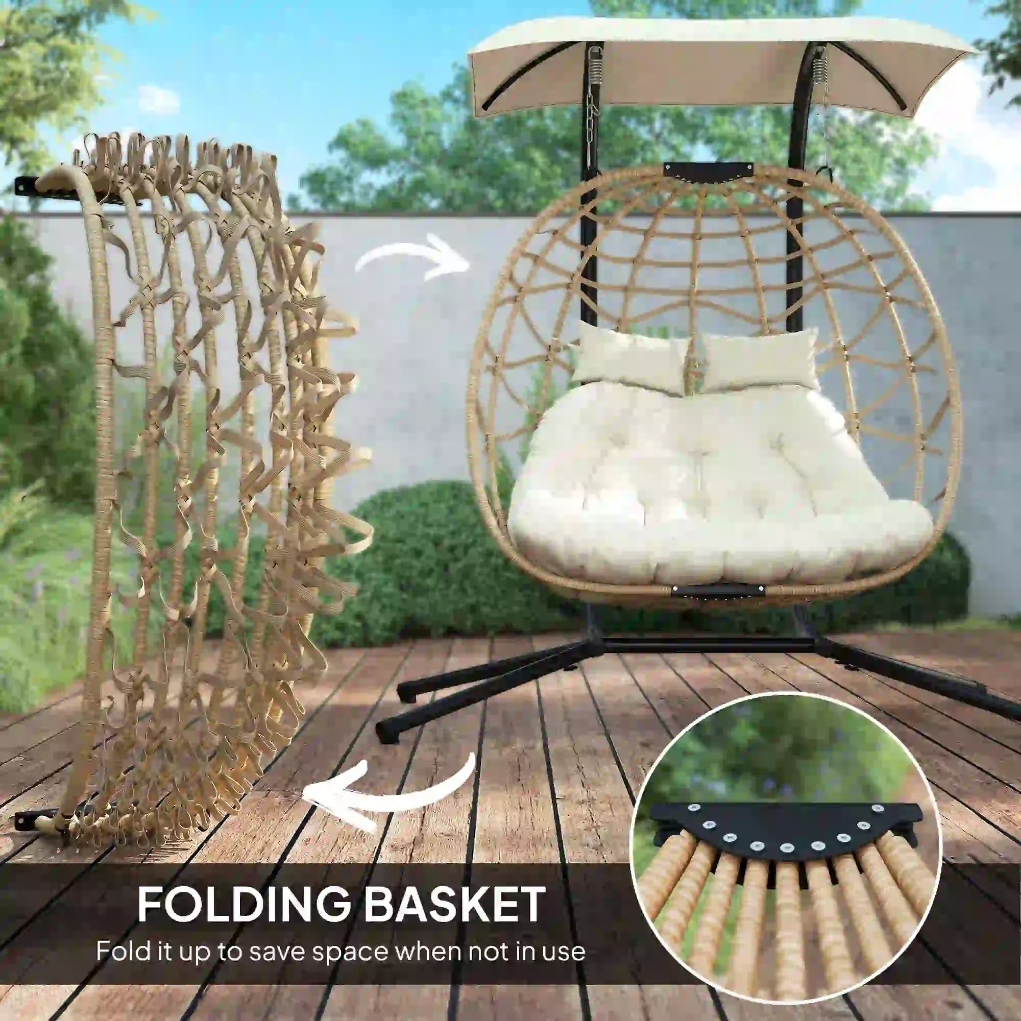 Double Wicker Egg Swing Chair With Canopy, Foldable, Beige Patio Chairs at Gallery Canada