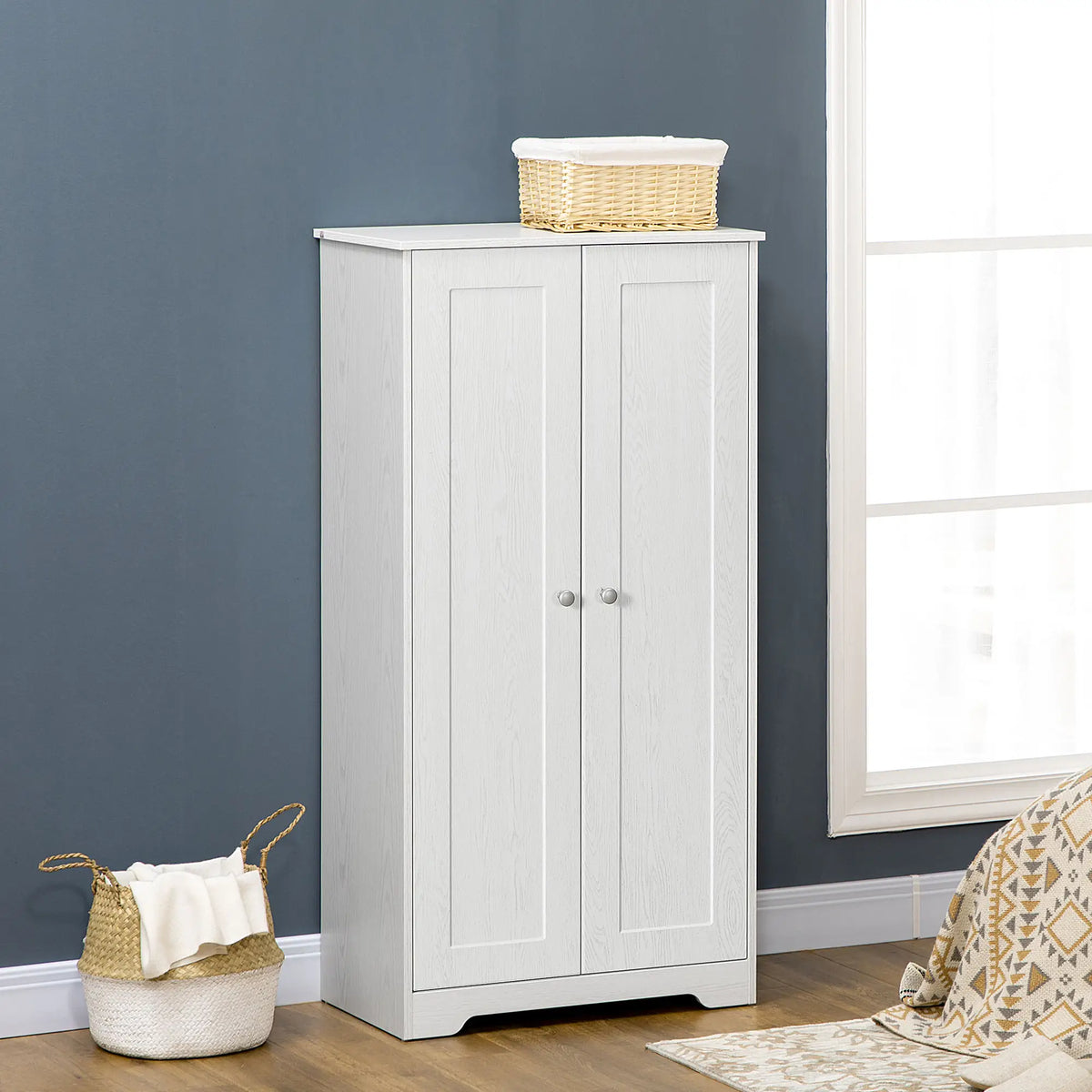 Kitchen Storage Cabinet, 2 Door Pantry with Adjustable Shelves, Distressed White, White Storage Cabinets at Gallery Canada