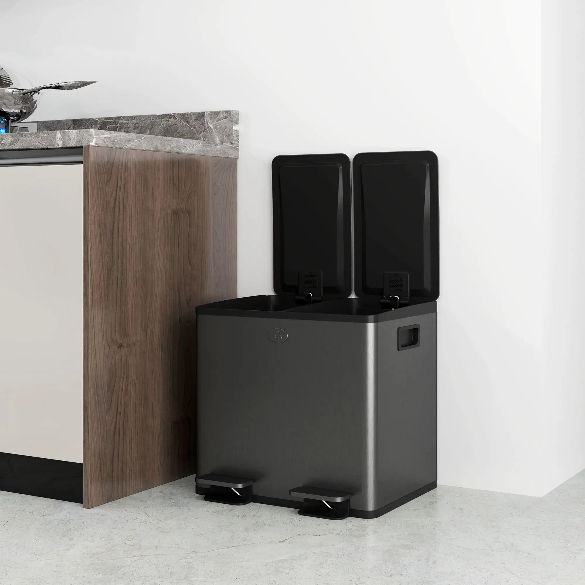 Dual Garbage Bin, Soft Close Trash Can, 2 x 15 Liter, Black Household Supplies at Gallery Canada