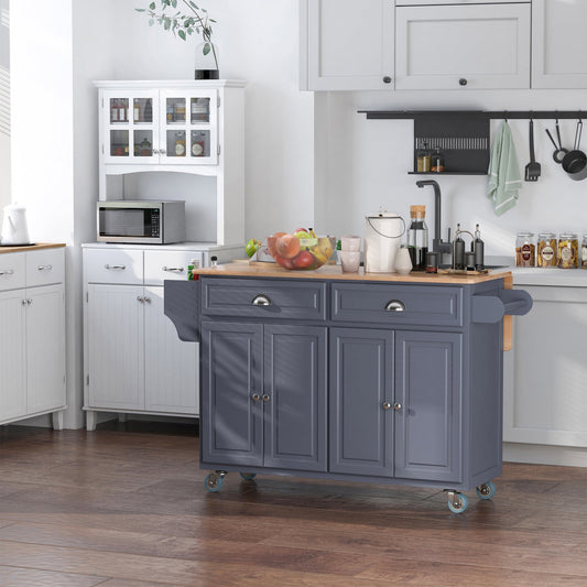 Rolling Kitchen Island on Wheels Utility Cart with Drop-Leaf and Rubber Wood Countertop, Storage Drawers, Door Cabinets, Grey - Gallery Canada