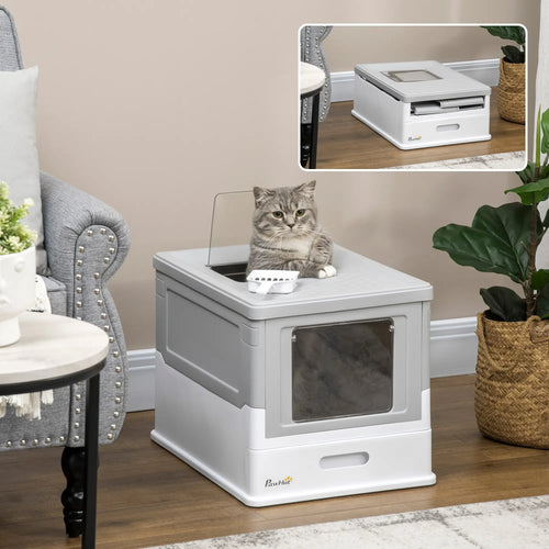 Top Entry Enclosed Kitty Litter Box with Scoop, Tray, Large, Grey