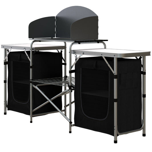 Aluminum Camping Table, Folding Kitchen with Windshield, Cupboards, Carrying Bag Picnic Tables & Camping Chairs Silver and Black at Gallery Canada