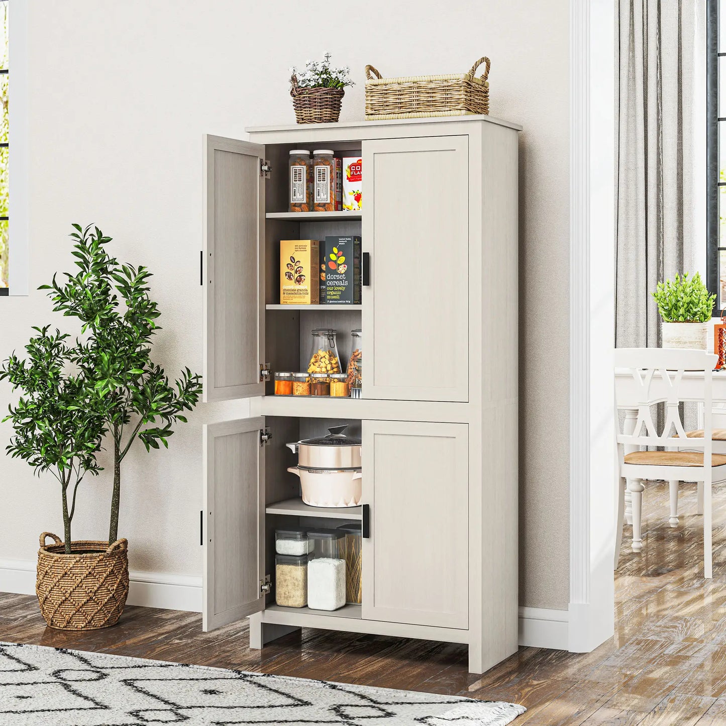 64" Kitchen Pantry Cabinet, 4 Doors, 3 Adjustable Shelves, Antique White, White Kitchen Pantry Cabinets at Gallery Canada