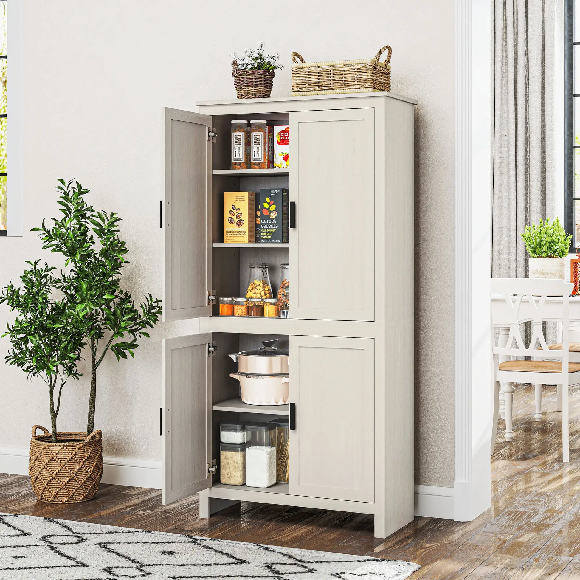 64" Kitchen Pantry Cabinet, 4 Doors, 3 Adjustable Shelves, Antique White, White Kitchen Pantry Cabinets at Gallery Canada