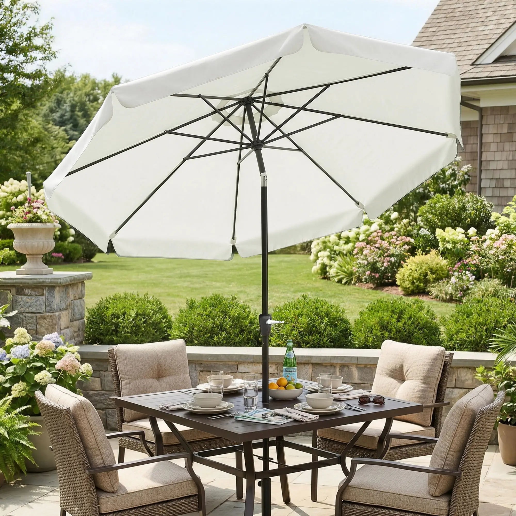 8.5 ft Round Patio Umbrella, Tilt and Crank, Cream White Sun Umbrellas at Gallery Canada