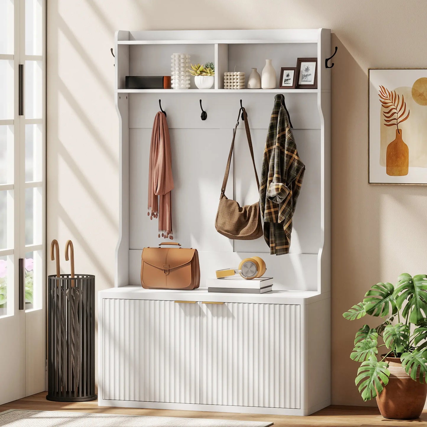 4-In-1 Hall Tree With Shoe Bench, Modern Coat Rack With Open Shelf, White Clothing Storage at Gallery Canada